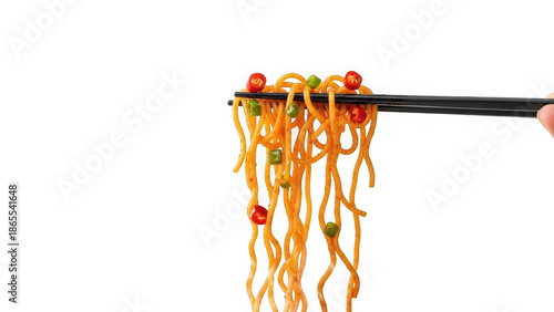 chinese noodles with chili peppers and chopsticks