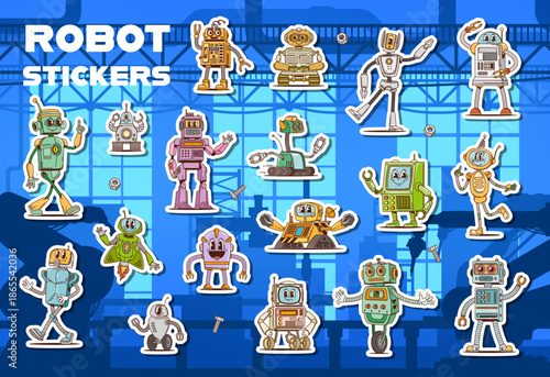 Groovy robot characters stickers with retro transformers and droids, cartoon vector. Groovy retro robots stickers with funky robotic bots, cyborg bot characters with antenna or display and funny face