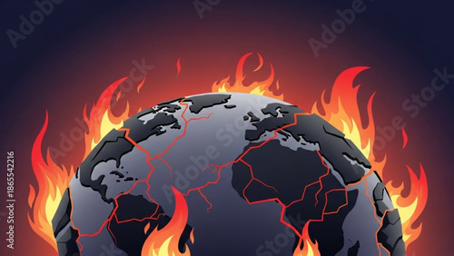 Global warming and climate change concept with a burning earth surrounded by flames and cracks representing environmental disaster and crisis