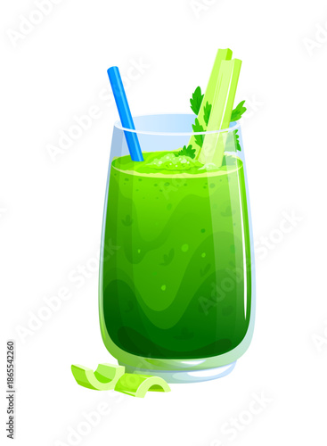 Green vegan smoothie vector drink blended with herbs and leafy ingredients, topped with frothy bubbles and garnished with celery stalks. Healthy food, detox diet, organic smoothie drink