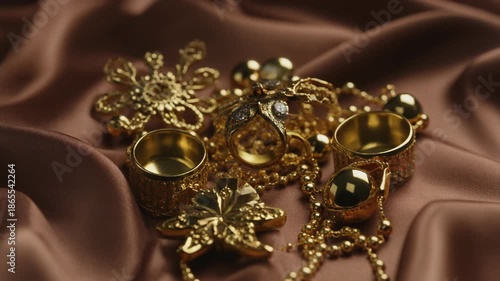Luxurious gold jewelry collection on elegant brown satin background