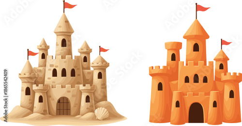 Vector illustration of detailed sandcastles with seashell isolated on white for beach travel and summer vacation themes.