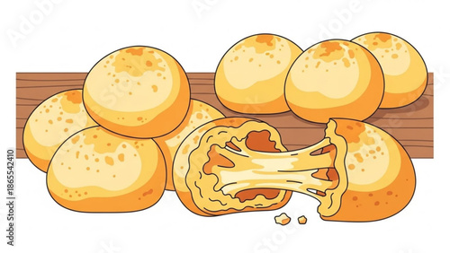 A delicious pile of golden brown cheese breads on a wooden cutting board, one sliced open to reveal melted cheese inside, perfect for food with cuisine