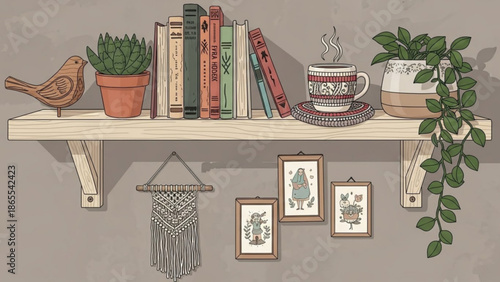 Cozy home decor with books, plants, and coffee on a shelf, macrame hanger, framed pictures, and a bird figurine, warm beige background with bookshelf