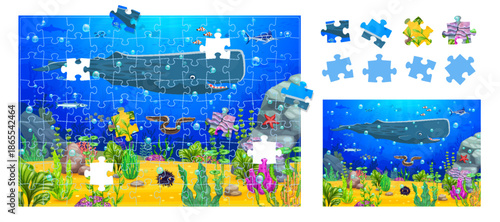 Jigsaw puzzle game pieces of underwater landscape background with sea animals and seaweeds, vector worksheet. Kids jigsaw puzzle game with cartoon undersea funny whale cachalot and fish characters