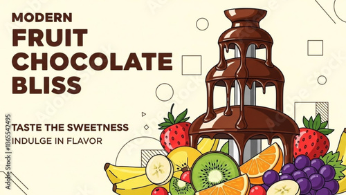 A colorful illustration of a chocolate fountain surrounded by fresh fruit including strawberries, bananas, kiwis, and grapes on a cream with dessert