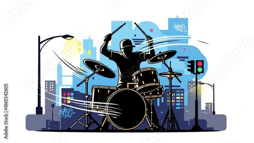 Drummer playing drums on street corner with city skyline background at dusk with streetlights and traffic lights with music and performance with urban