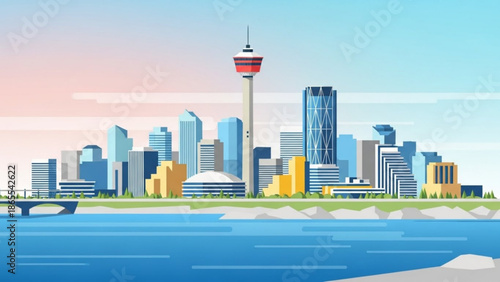 Modern city skyline with tall buildings and tower by the waterfront, bridge, and river, vector illustration with cityscape and urban with architecture