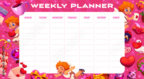Weekly planner with cute Valentine cherubs, hearts and flowers, vector week schedule template. Weekly planner with cupid angels, wedding rings and cake with pink hearts for week schedule planner