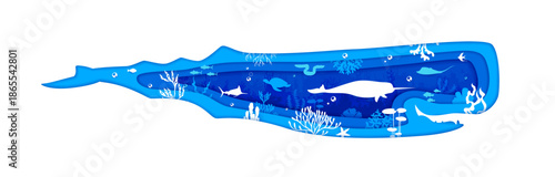 Paper cut whale silhouette with sea underwater landscape and fishes, vector banner. Ocean undersea or sea underwater with coral reef manta stingray, narwhal or eel and swordfish in paper cut seaweeds