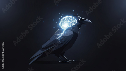 Mysterious crow with glowing brain illustration, magical surreal animal with bright neural connections, dark fantasy art with glowing blue light