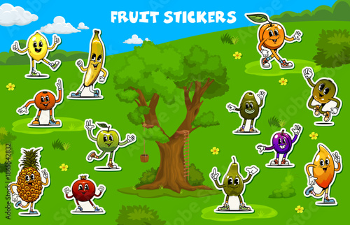 Cartoon groovy fruit characters stickers of funny banana, pear and avocado, vector pack. Groovy fruit stickers with funky apricot, tropical pineapple and mango with thumb up, plum and kiwi with smile