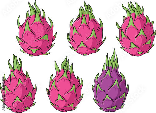 Tropical dragon fruit illustration set featuring six whole pink and purple pitaya designs with green scales isolated on white.