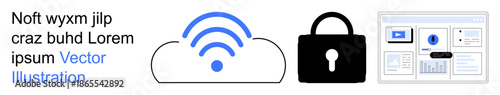 Cloud storage, data protection, wireless network, cybersecurity, online access, and technology. Cloud icon with wireless signal, a lock symbol and a digital interface. Cloud storage and data
