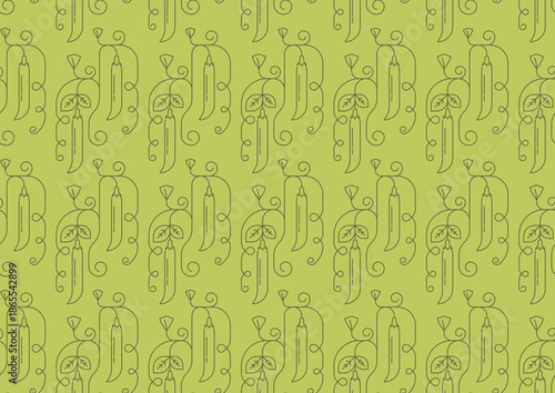 Green pea pods and leaves geometric pattern background with vegetable motif. Vector pattern for healthy food packaging, eco friendly branding, kitchen textile, wrapping paper, organic farm advertising
