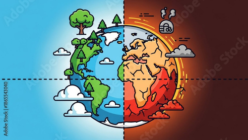 Split earth illustration showing green lush world versus dry climate change impact with global warming effects on environment with sustainability