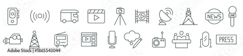 Journalism and mass media line icon set. News, microphone, typewriter, TV show, journalist, office, news reporter, press conference and newspaper stroke icons collection.