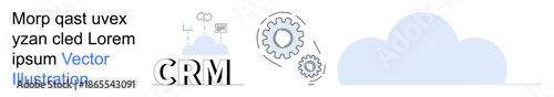 Data management, CRM systems, cloud computing, workflow automation, IT solutions, digital transformation. Visual elements include a cloud icon, gears and CRM text. Data management and CRM systems