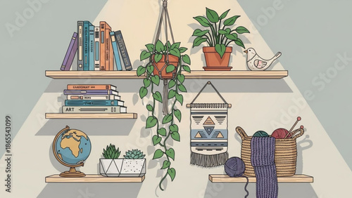 Cozy home decor with books, plants, and knitting supplies on wooden shelves, minimalist interior design concept with relaxing and domestic with yarn