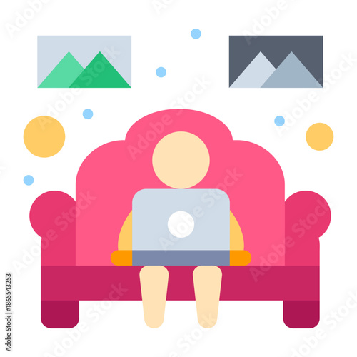Work From Home: A digital nomad is fully engrossed in work from the comfort of their home, utilizing a laptop and surrounded by art that stimulates inspiration.