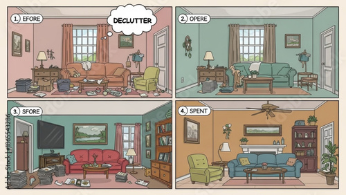 Four stage home decluttering process illustrated in a before and after living room transformation with organized furniture and minimal decor
