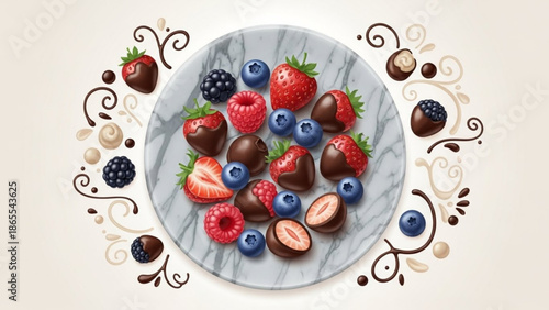 Assorted fresh strawberries, blueberries, raspberries, and chocolate truffles on a marble plate, surrounded by decorative swirls and berries