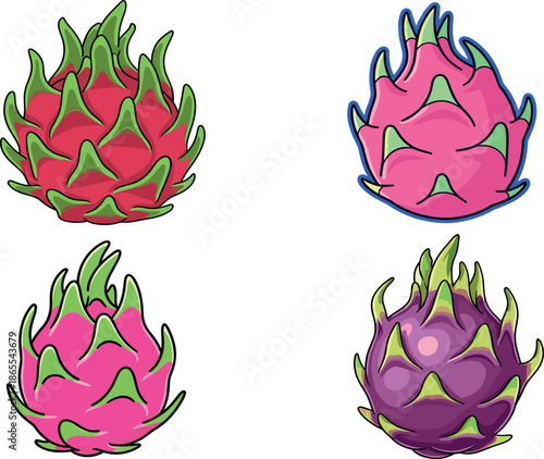 Tropical dragon fruit illustration set featuring various pink and purple pitaya designs with green scales for food and nature concepts.