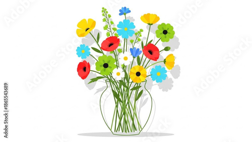 Colorful bouquet of flowers in a transparent glass vase on a white background with subtle shadow with floral arrangement and graphic with illustration