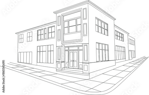 Architectural line drawing of modern two story corner building, commercial property storefront, urban city perspective, vector
