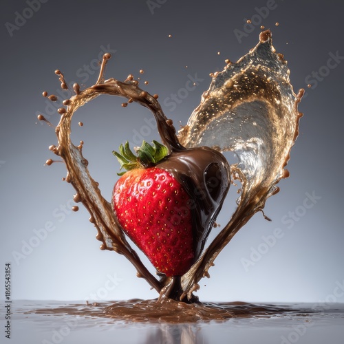 melting chocolate pouring over a heart shaped strawberry, dynamic motion, splash, high speed photography, studio light