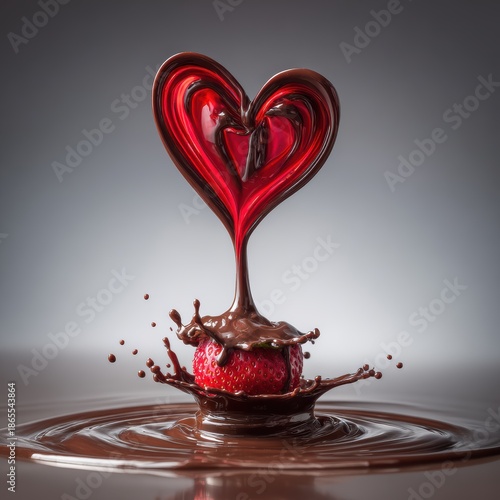 melting chocolate pouring over a heart shaped strawberry, dynamic motion, splash, high speed photography, studio light 