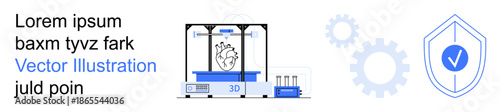 3D printing, healthcare innovation, data security, technology development, manufacturing, safety in production. A 3D printer displaying a heart model, shield with checkmark gear icons. 3D printing