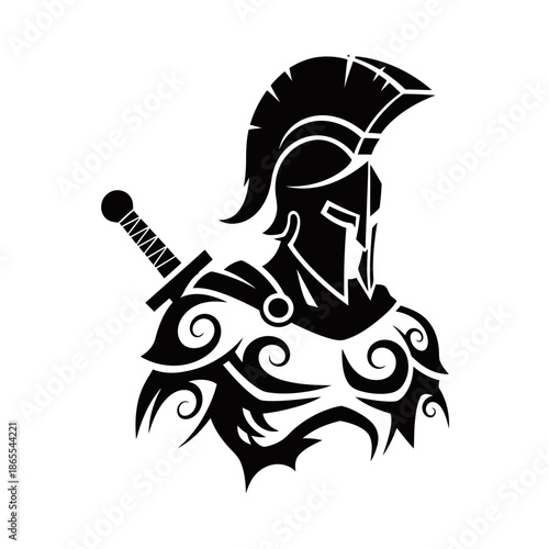 Black silhouette of a Spartan warrior with a helmet, sword, and stylized tribal armor design.