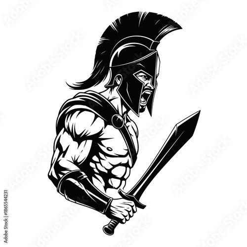 A fierce Spartan warrior in full battle armor, holding a sword and shouting with determination.