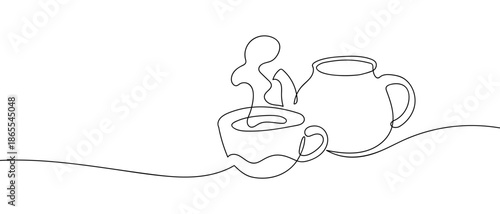 A continuous line: a teacup and a teapot. line art Vector drawing style on a transparent background Editable stroke.