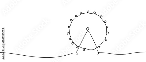 One continuous line of amusement park rides, Ferris wheel. line art Vector drawing style on a transparent background Editable stroke.