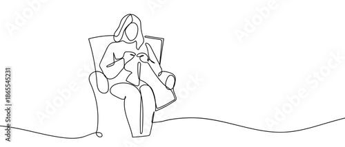 A single, continuous line of art a woman is knitting. line art Vector drawing style on a transparent background Editable stroke.
