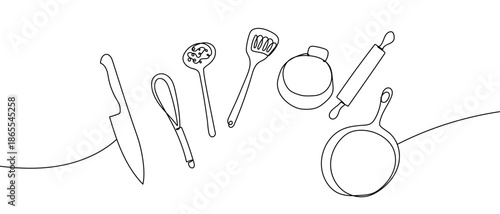 A single, continuous line of art: kitchen utensils. line art Vector drawing style on a transparent background Editable stroke.