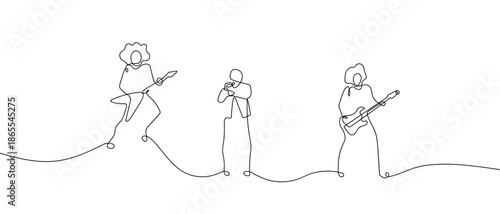 A single, continuous line of art depicts a rock band performing. line art Vector drawing style on a transparent background Editable stroke.
