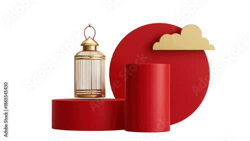 Red platforms hold a golden lantern and cloud, AI, PNG