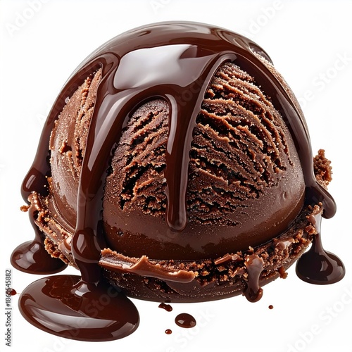 A scoop of rich, dark ice cream drizzled in flowing chocolate sauce