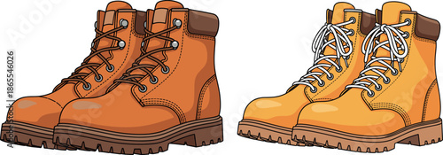 Vector illustration set featuring tan and honey gold leather work boots with rugged soles for outdoor adventure designs