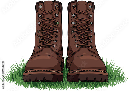 Vector illustration featuring a pair of brown leather work boots on green grass for industrial and outdoor designs