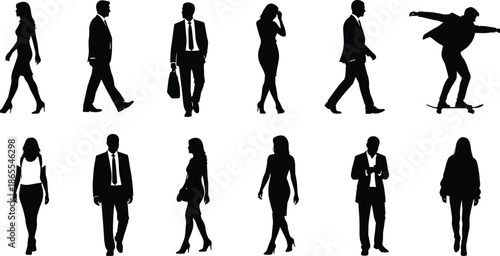 Urban people silhouettes set illustration showing business casual walking standing lifestyle actions isolated black vector art for stock branding marketing design
