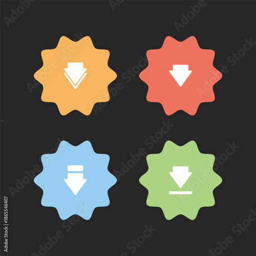 Flat Download Badge Icons Set with Colorful Starburst Shapes
