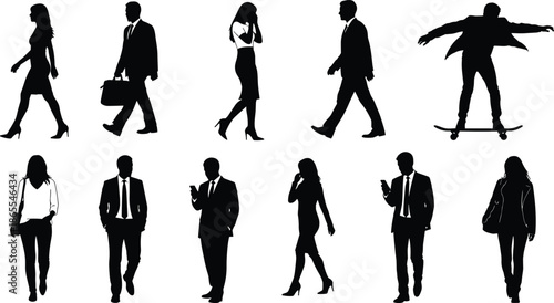 People silhouettes collection illustration showing business casual walking standing actions isolated black vector art for stock marketing branding design