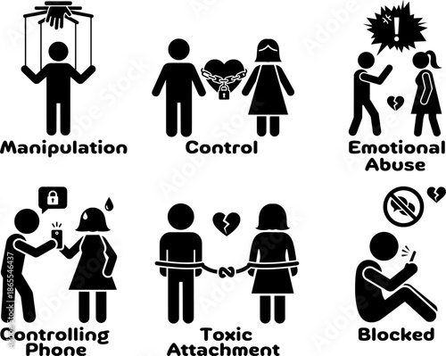 Concept of Manipulation Control and Unhealthy Attachment Vector Illustrations