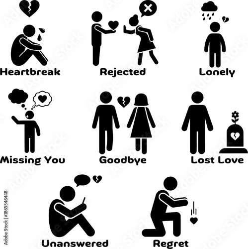Heartbreak and Sadness Stick Figure Icon Set for Relationship Problems