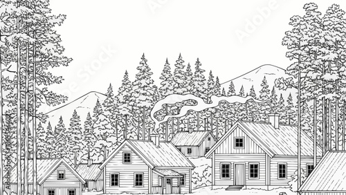 Rustic village nestled in a pine forest with mountains in the background.