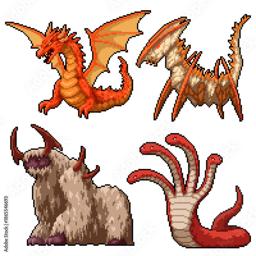 pixel art isolated background of giant monster creature kaiju
